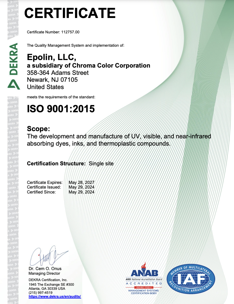 Epolin ISO 9001 Certificate
